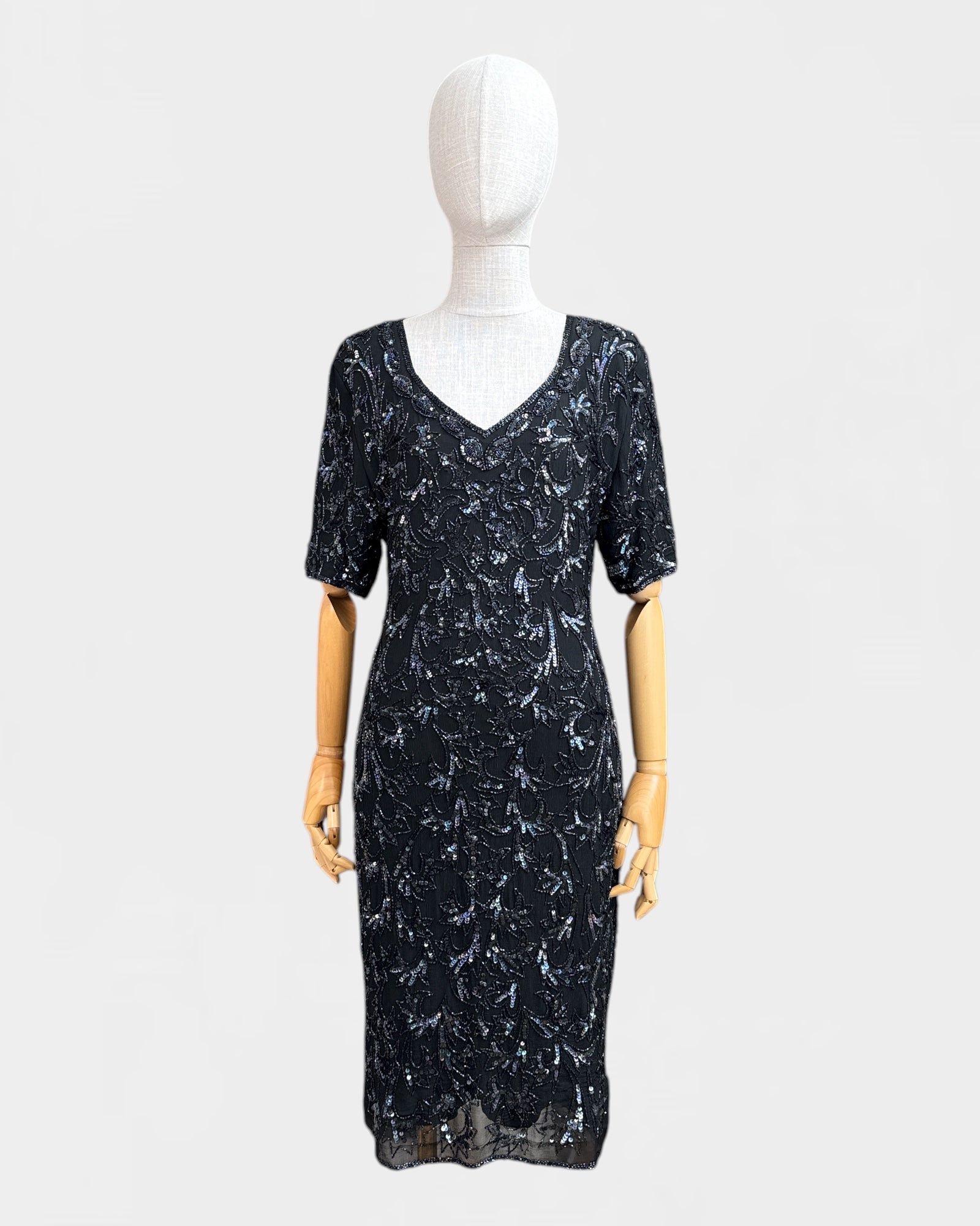 Robe paillettes 100% soie Noir Petals , S/M